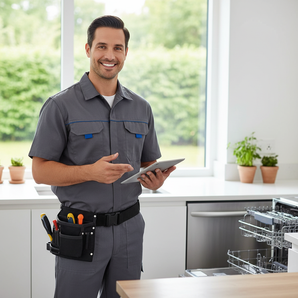 Smiling appliance repair technician in a modern kitchen