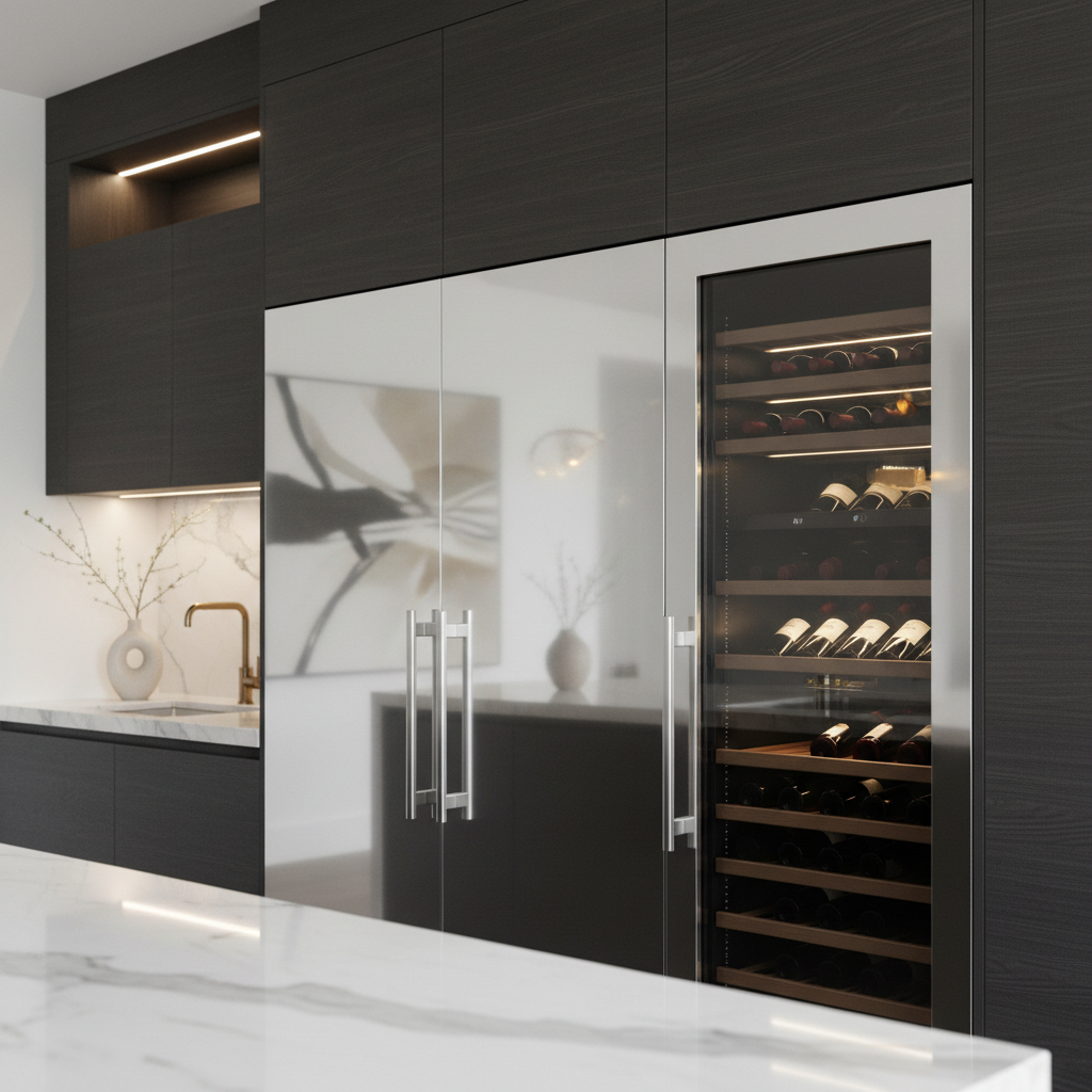 Built-in refrigerator and wine cooler in a high-end kitchen