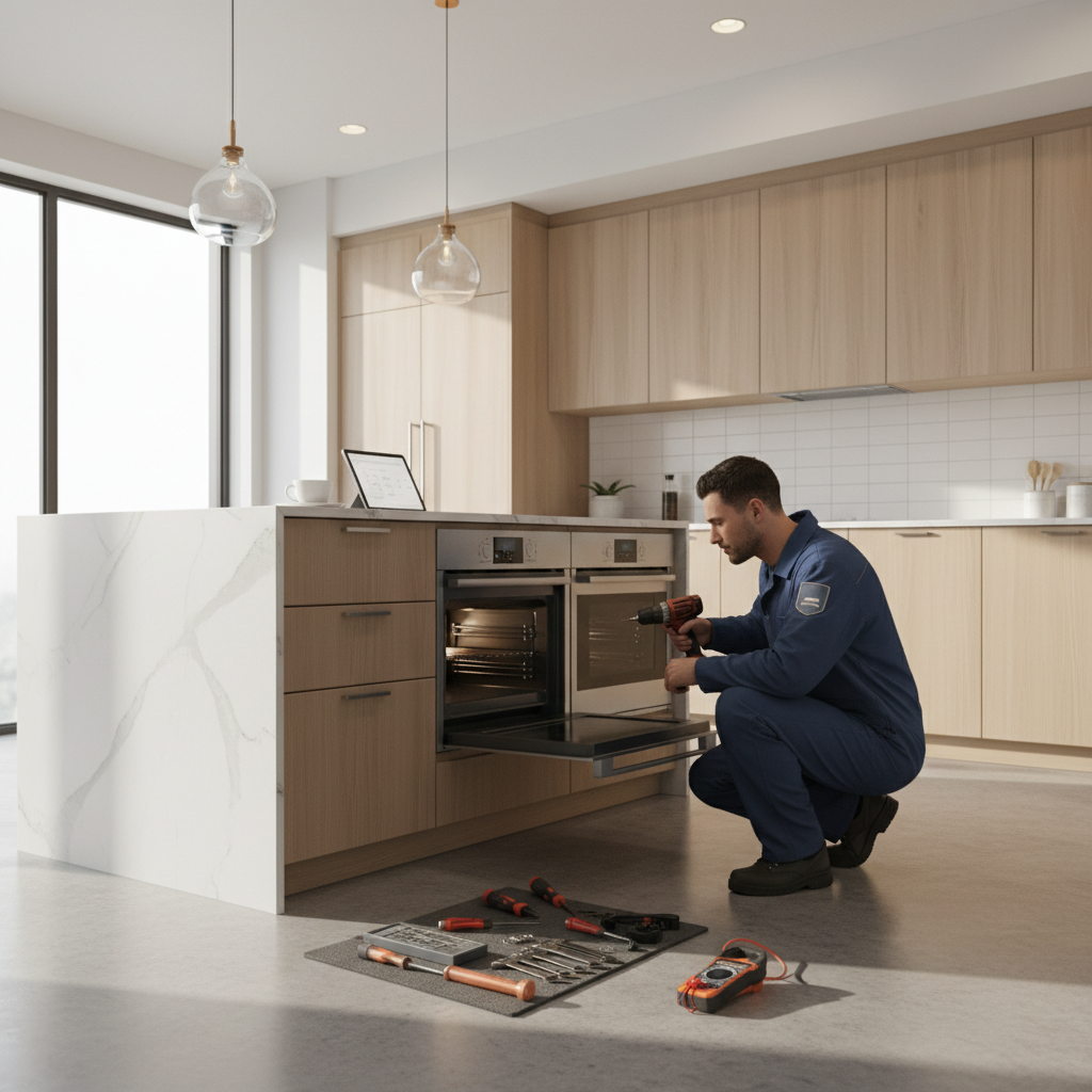 Technician repairing a built-in oven in a modern kitchen